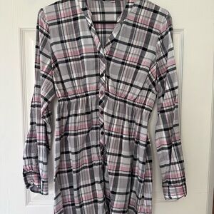 Plaid Button-Front Tunic with Pink and Black Accents
